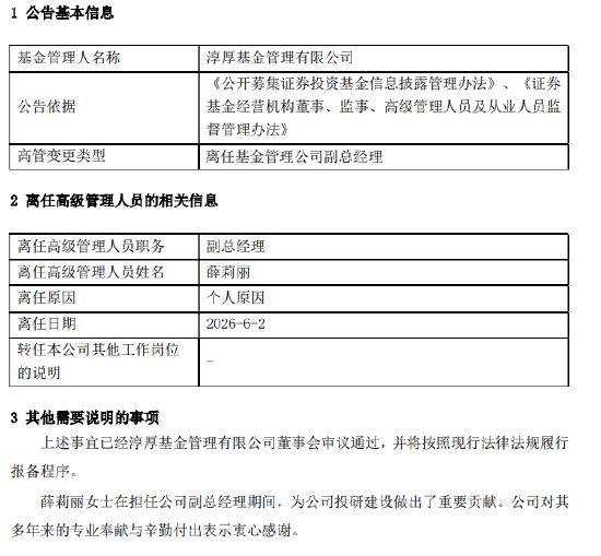 淳厚基金副总经理薛莉丽离任,国资入主后投研体系面临重塑